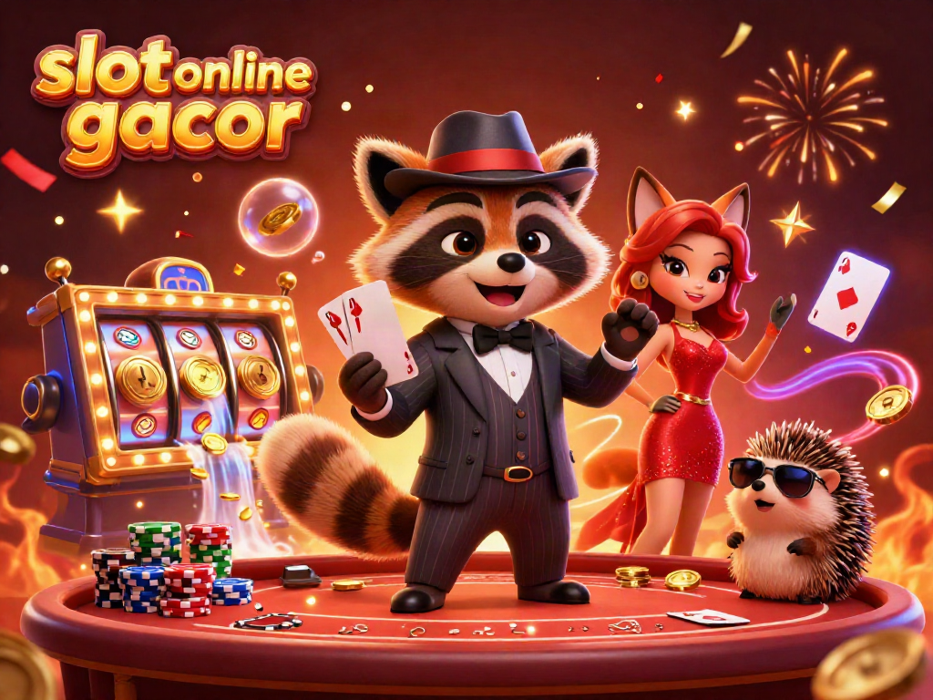 Raih kemenangan dalam slot online gacor dengan ilustrasi kasino yang penuh warna dan elemen menarik.