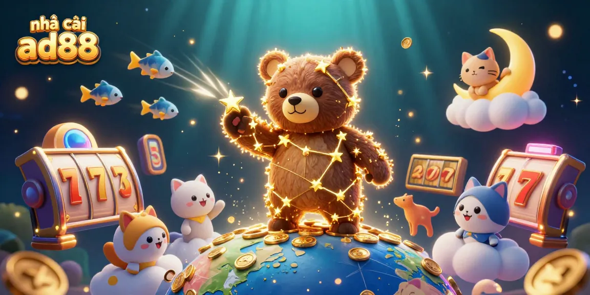Play games at nhà cái ad88 with a magical scene of a constellation bear and glowing slot elements.