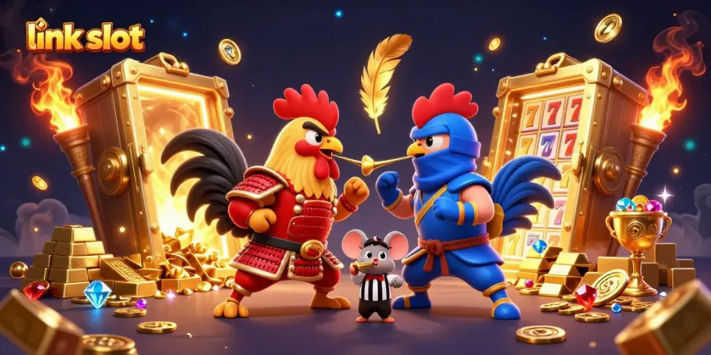 Slot gacor dengan ayam jantan bertarung dalam ilustrasi 3D yang penuh keseruan
