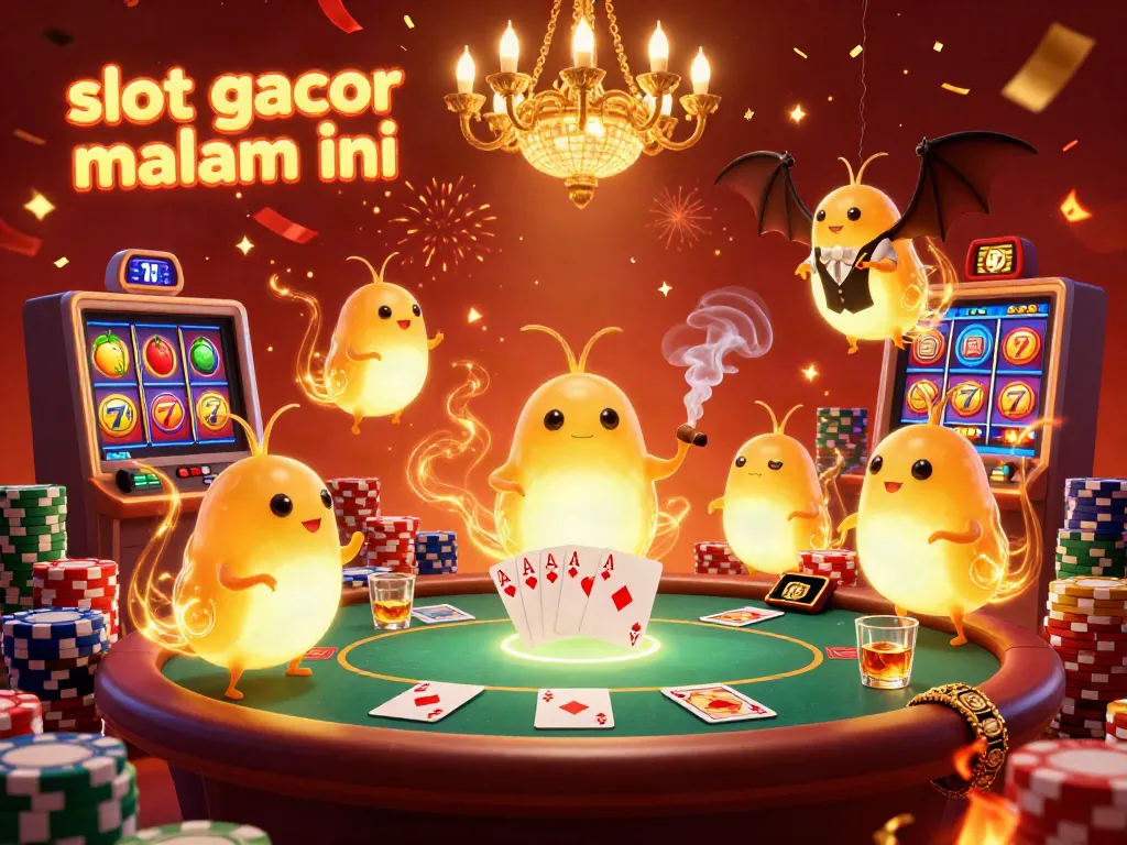 Temukan keseruan di slot gacor malam ini dengan suasana kasino dipenuhi cacing bercahaya dan elemen permainan yang menarik.