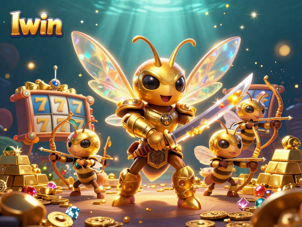 Iwin invites players to experience vibrant slot action with golden treasures and cartoon characters.