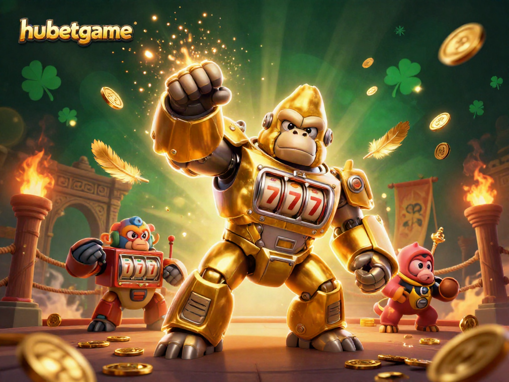 Engage with hubetgame as the golden gorilla mech triumphs in a vibrant casino battleground.