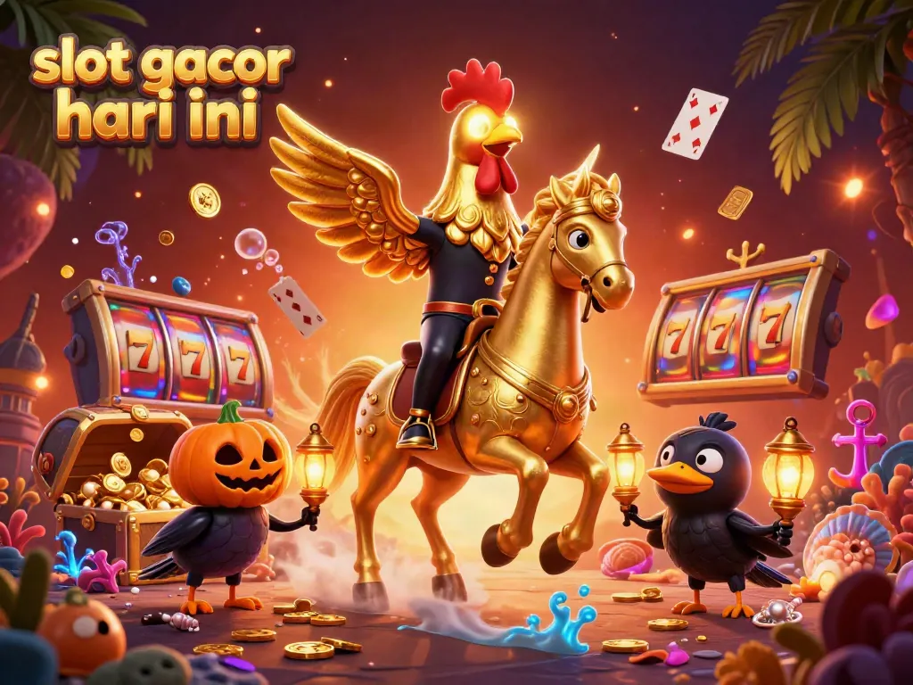 Engage in slot gacor hari ini with vibrant casino imagery featuring golden rooster characters.