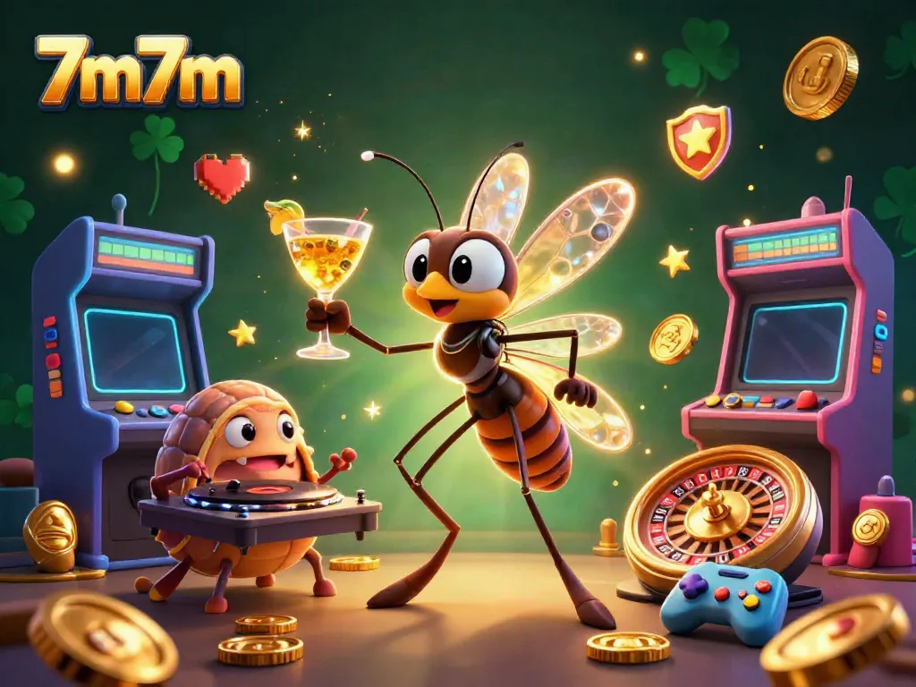 Engaging scene featuring 7m7m casino mascot and DJ, surrounded by vibrant gaming elements and a roulette wheel.