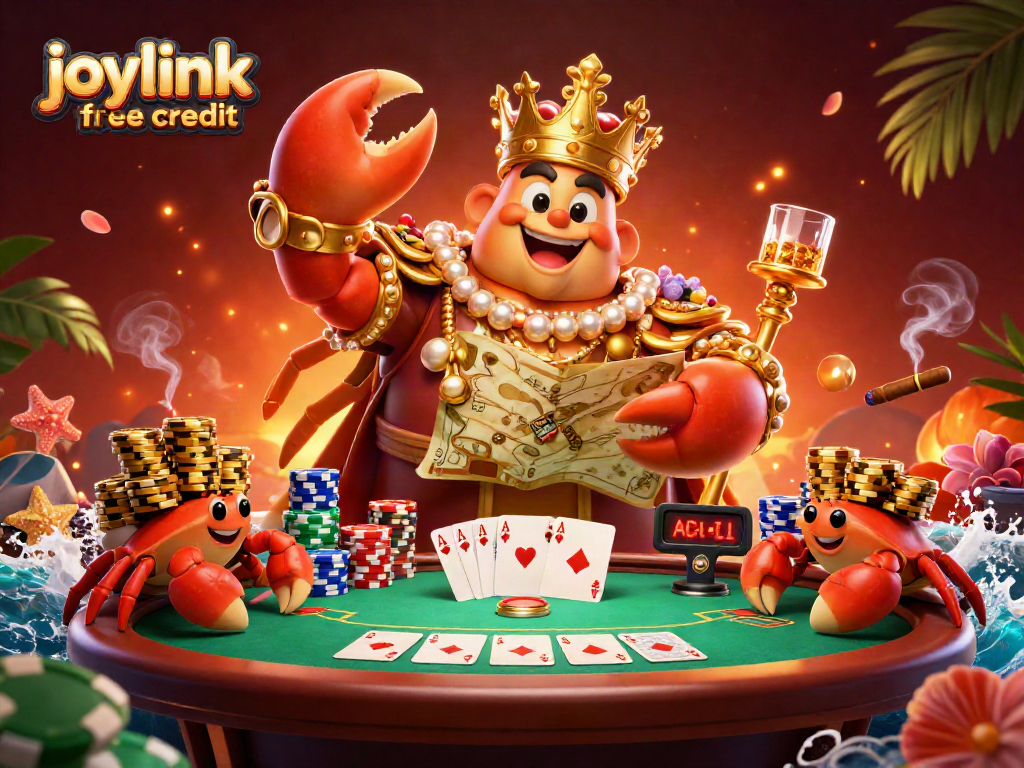 Engage with joylink free credit through an extravagant casino scene featuring a golden crab emperor.