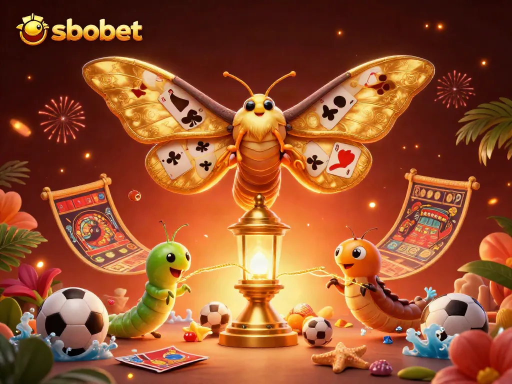 Engage in sbobet sports betting with vibrant 3D illustration featuring a colorful moth and gambling elements.