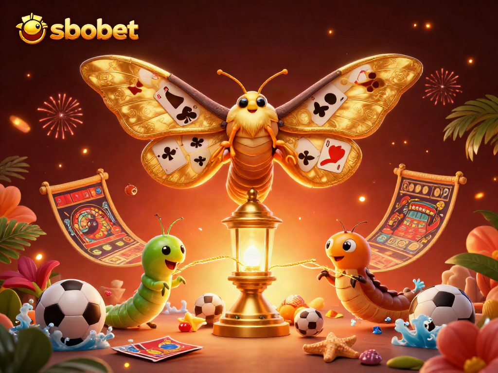 Engage in sbobet sports betting with vibrant 3D illustration featuring a colorful moth and gambling elements.