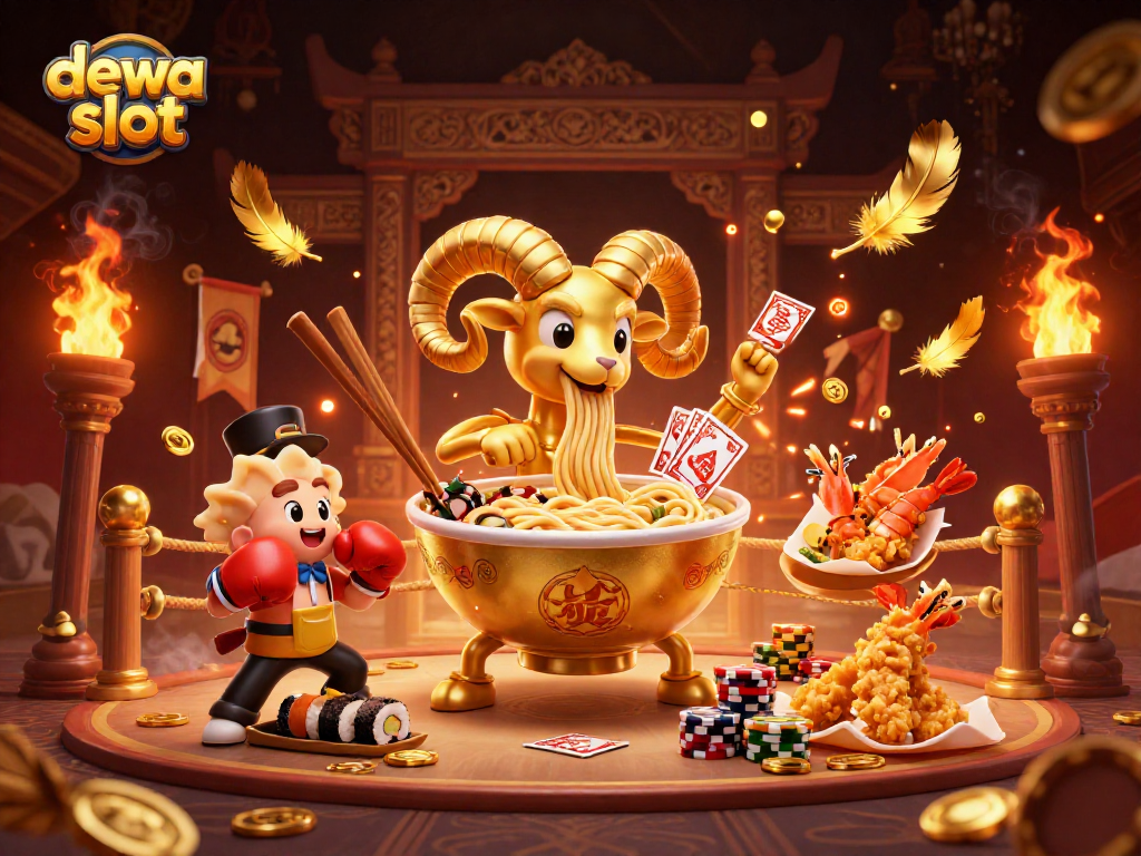 Engage with the dewa slot scene featuring a lively golden ramen bowl dealing cards among vibrant casino elements.