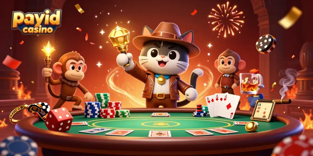 Engaging scene showcasing payid casino with 3D explorer cat and monkey, vibrant casino elements.