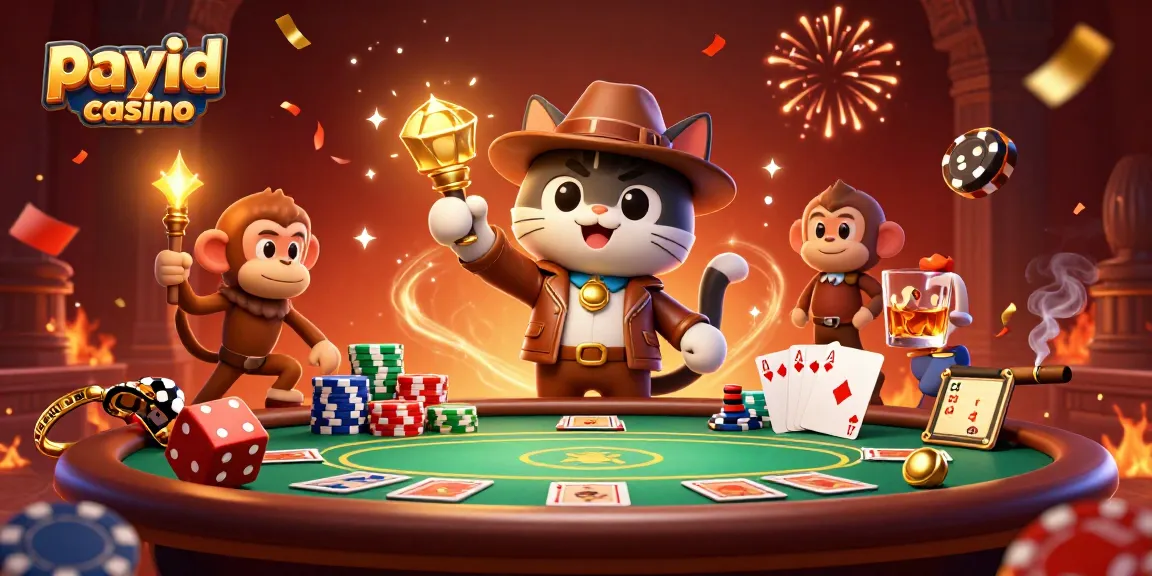 Engaging scene showcasing payid casino with 3D explorer cat and monkey, vibrant casino elements.