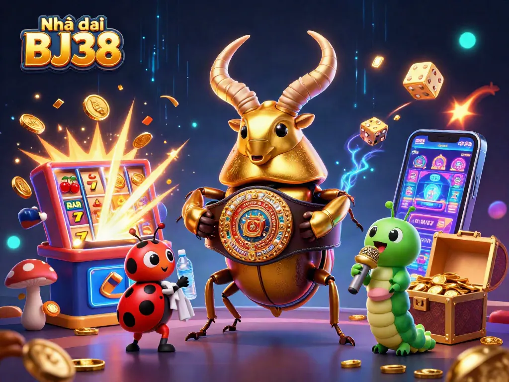 Engage with Nhà cái BJ38's thrilling casino action amidst dynamic 3D illustration of jubilant gaming elements.