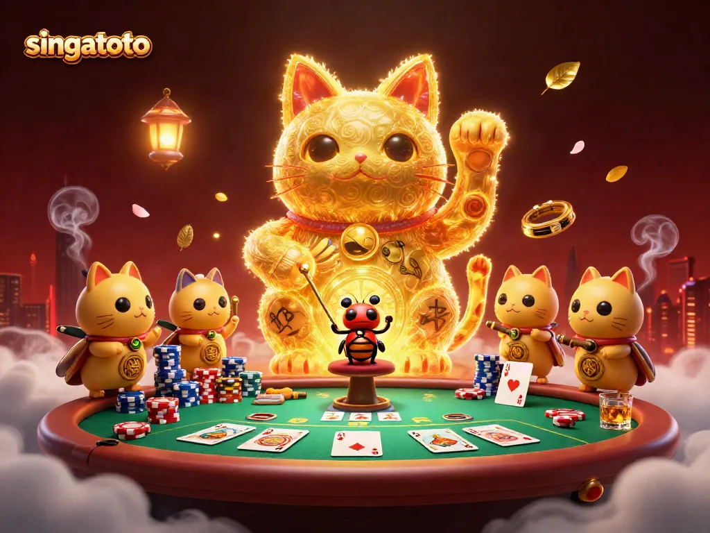 Experience the thrill of singatoto with dynamic casino symbols and a vibrant lucky cat illustration.