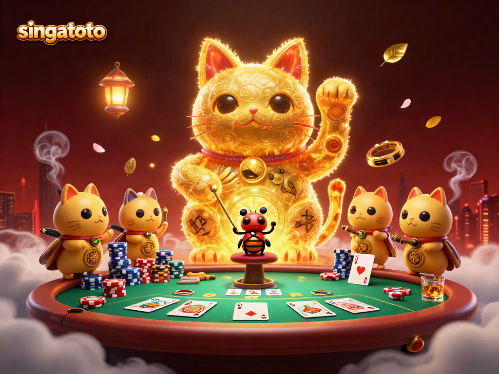 Experience the thrill of singatoto with dynamic casino symbols and a vibrant lucky cat illustration.