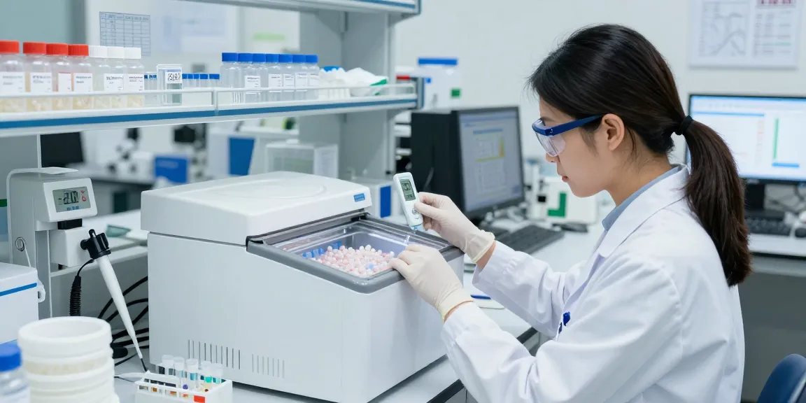 Researcher examining lyophilisation peptides in a lab freezer at -20 °C, ensuring optimal storage conditions.