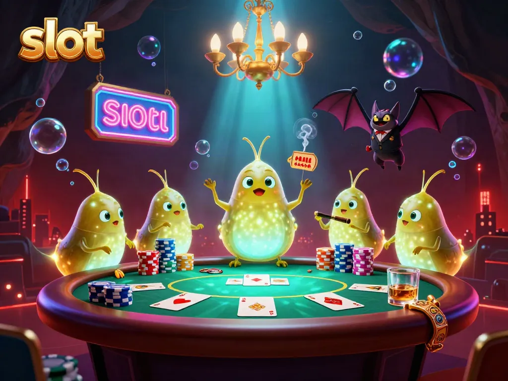 Engage in slot gameplay with dynamic glowworm characters in a vibrant casino scene.