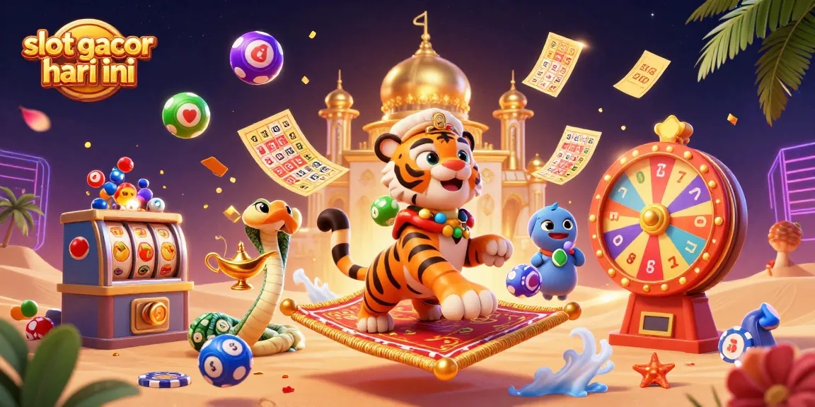Experience slot gacor hari ini with a vibrant 3D illustration of a sultan on a flying carpet amidst colorful gambling elements.