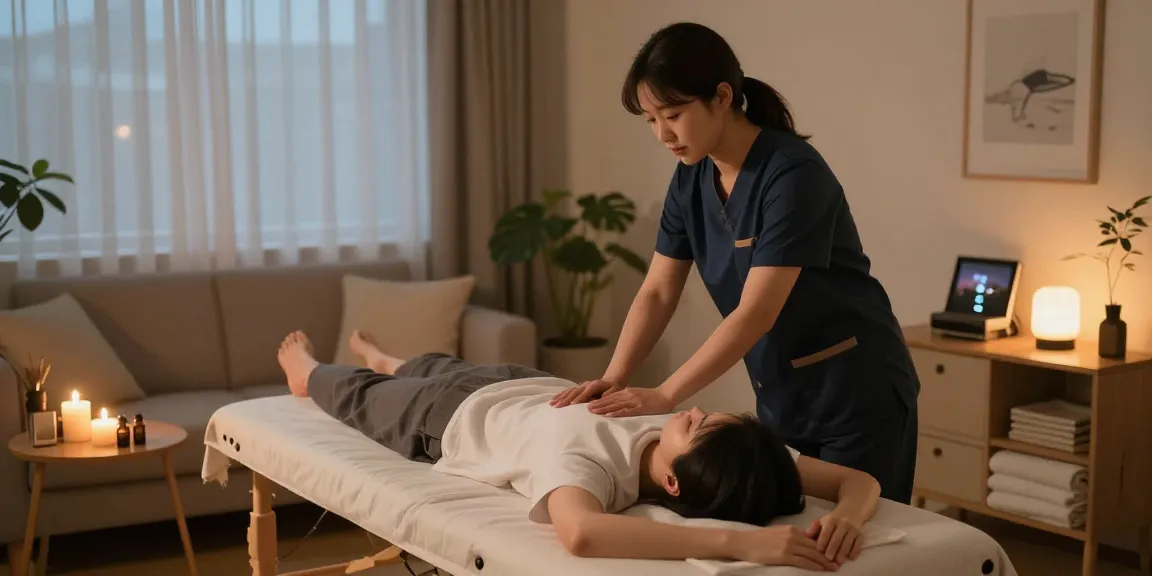 신림동출장마사지 session with a professional therapist in a cozy living room setting, featuring warm lighting and soothing atmosphere.