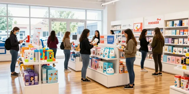 Shoppers exploring ROKOK88 products in a modern retail environment, showcasing vibrant lifestyle items.