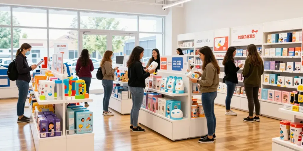 Shoppers exploring ROKOK88 products in a modern retail environment, showcasing vibrant lifestyle items.
