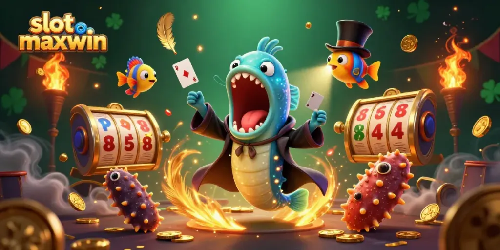 Experience the thrill of slot maxwin with a magical scene featuring a deep-sea gulper eel performing tricks among spinning slot reels.