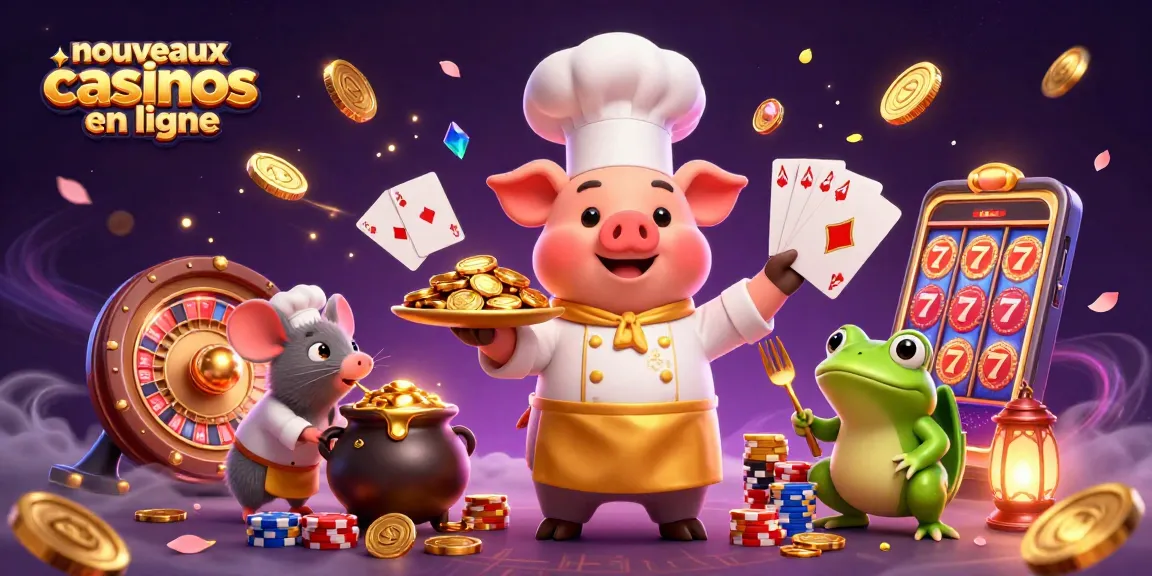 Les nouveaux casinos en ligne présentent un chef cochon et ses assistants dans un décor de jeu animé.