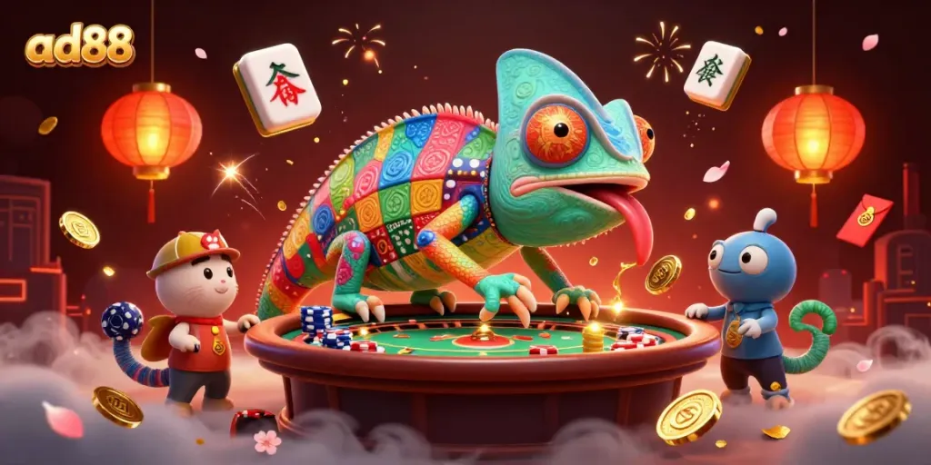 Experience the thrilling casino world of ad88 with a vibrant chameleon and dynamic gaming elements.
