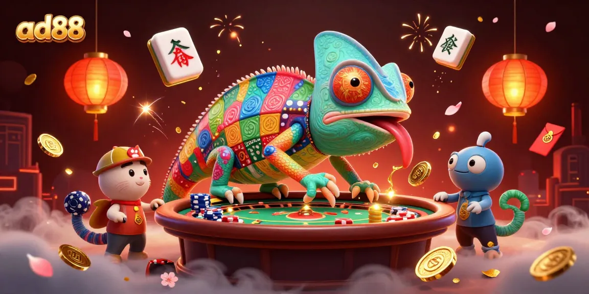 Experience the thrilling casino world of ad88 with a vibrant chameleon and dynamic gaming elements.