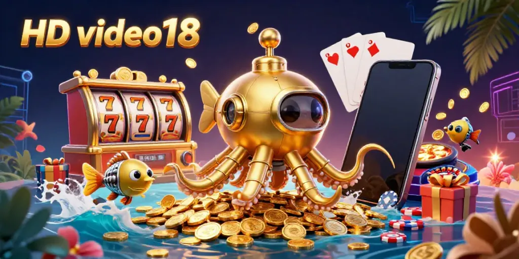Video HD video18 menampilkan kraken emas di lautan koin dengan elemen slot yang penuh warna.