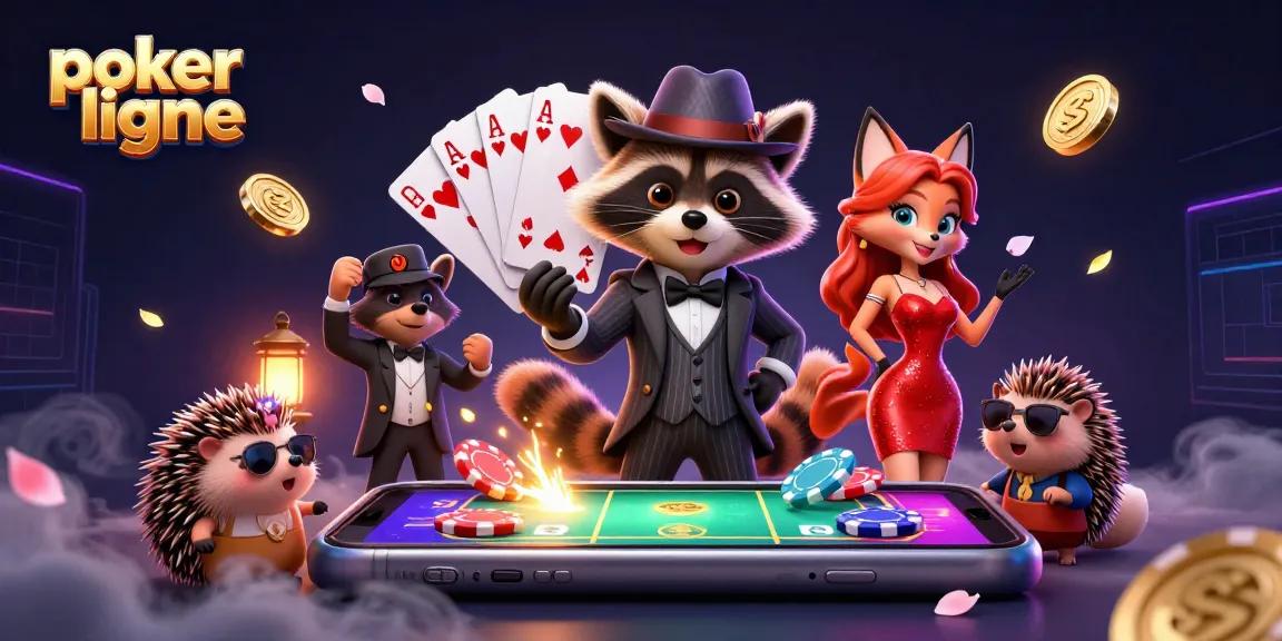 Jouez au poker en ligne avec un raton laveur élégant et ses compagnons dans une illustration 3D dynamique.