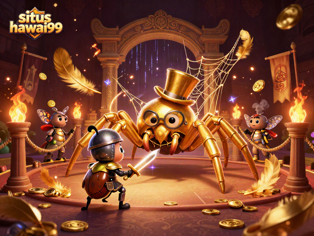 Engage with situs hawai99 and join a whimsical casino adventure featuring a golden tarantula and beetle knight.