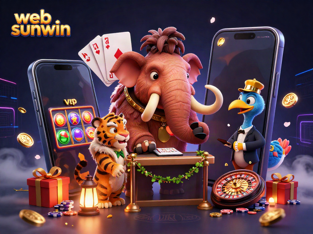 Experience the excitement of web sunwin with a vibrant casino scene featuring a woolly mammoth bouncer and colorful slot games.