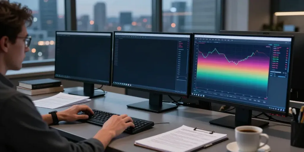 Engaged trader using MetaTrader 5 software in a high-tech office environment.