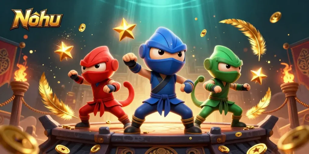 Nohu showcases a vibrant scene with synchronized chameleon ninjas amidst a casino-themed atmosphere, perfect for thrilling gameplay.