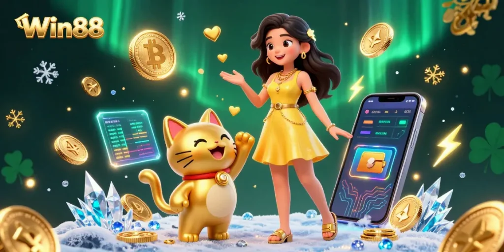 Win88 players enjoy a dynamic casino experience with golden coins and heart-shaped confetti.