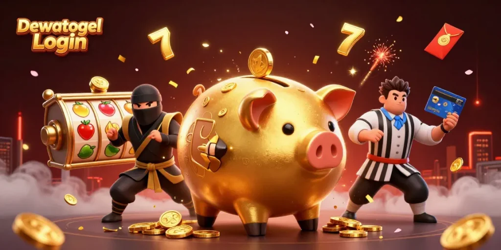 Dewatogel Login showcases vibrant 3D characters in a dynamic casino scene with golden coins and slot reels.