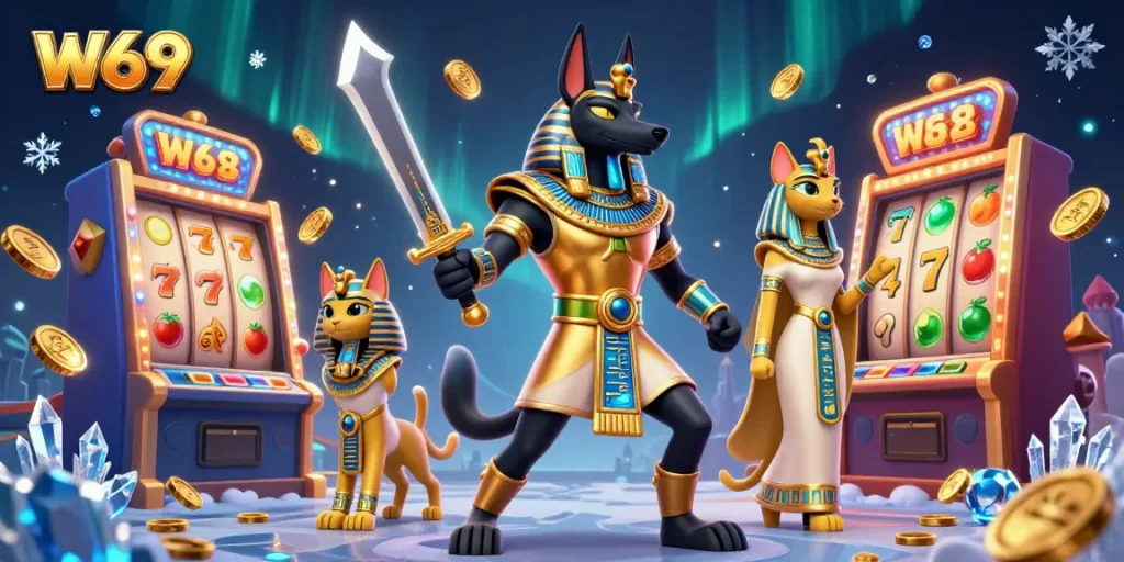 Spin the W69 slots with Anubis and Bastet, glowing games and treasures surrounding them.