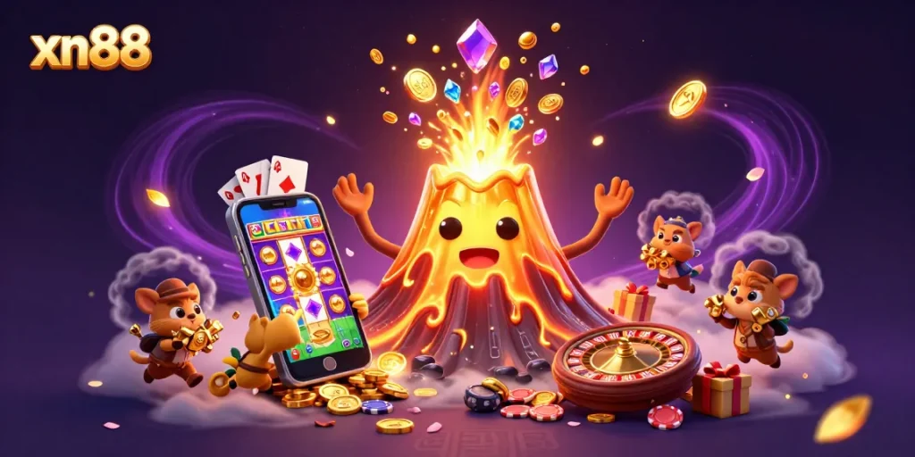 Experience thrilling gaming at xn88 with a dynamic 3D illustration of a golden volcano and treasure seekers amidst casino elements.