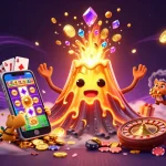 Experience thrilling gaming at xn88 with a dynamic 3D illustration of a golden volcano and treasure seekers amidst casino elements.