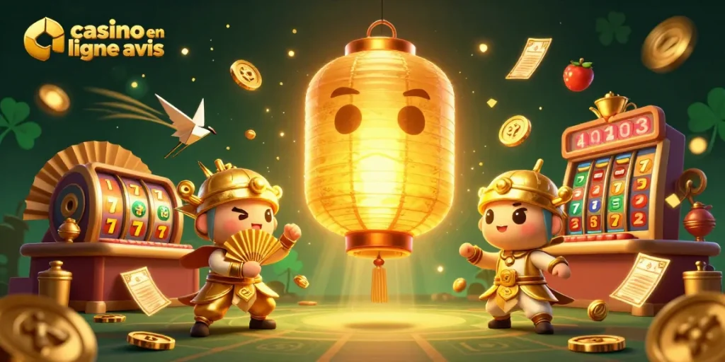 Avis sur les casinos en ligne illustré par un esprit lantern géant doré et des éléments de jeu dynamique