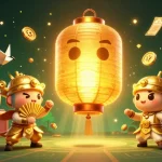 Avis sur les casinos en ligne illustré par un esprit lantern géant doré et des éléments de jeu dynamique