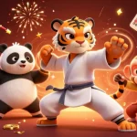 Engage in gaming at GO88 while admiring three characters performing martial arts in a vibrant casino scene.