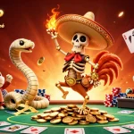 Casino en ligne retrait instantané : danse festive d'un mariachi sur des pièces d'or avec éléments de poker.