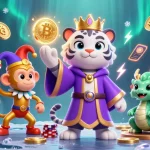 Experience Bosjoko's vibrant gaming world with a royal tiger, playful monkey, and dragon amidst lively casino elements.