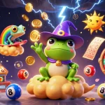 Engage with dagatructiepp as a wizard frog conjures golden coins in an exciting gaming scene.