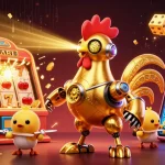 Experience the thrill of slot gacor with a golden rooster robot and slot machine explosion.