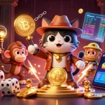 Illustration d'un chat archéologue au casino en ligne retrait instantané avec crypto-monnaies scintillantes.