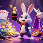 Visualisez le casino en ligne France légal avec un lapin magicien, une colombe glamour, et un singe espiègle au centre d'une scène dynamique.
