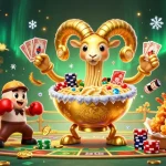 Illustration créative de casino en ligne retrait instantané avec un bol de ramen géant et ses acolytes.