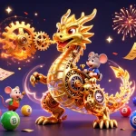 Experience excitement with myhm88 as a golden dragon breathes gears and vibrant lottery elements