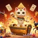 Casino en ligne retrait instantané avec un chat momie égyptienne et des jeux de cartes flottants.
